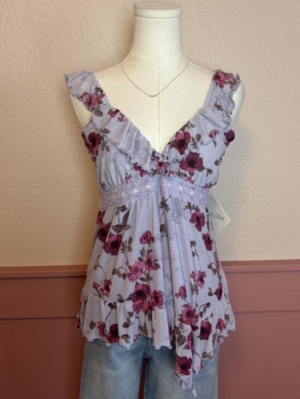 babydoll ruffle fairy top  la peche nwt sz medium purple lilac asymmetrical hem